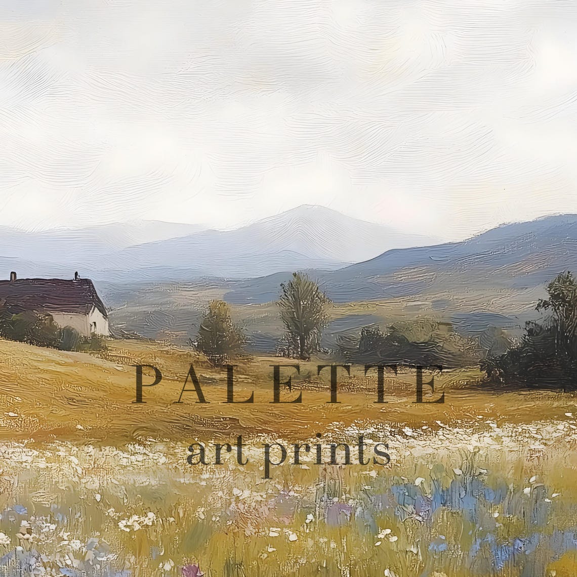 White Wildflower Field Distant Cottage Summer Meadow Art Print - Image 2