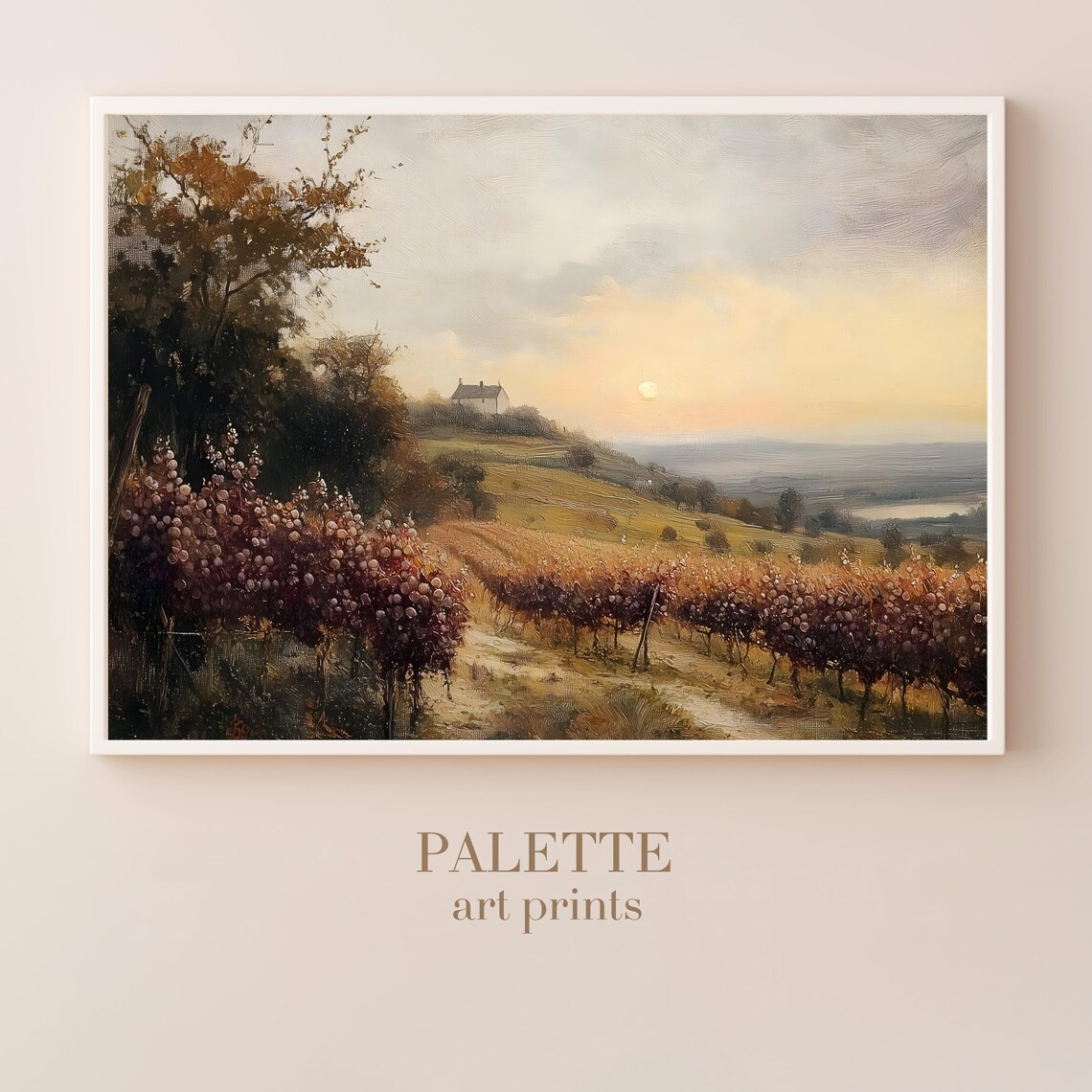 Vineyard Sunset Painting, Warm Countryside Landscape - Image 3