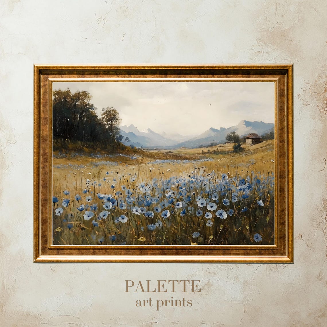 Blue Wildflower Meadow Mountain Cottage Rustic Landscape Print
