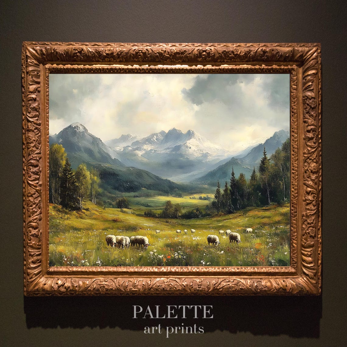 Grazing Sheep In An Alpine Pasture Beneath Snowy Peaks Poster