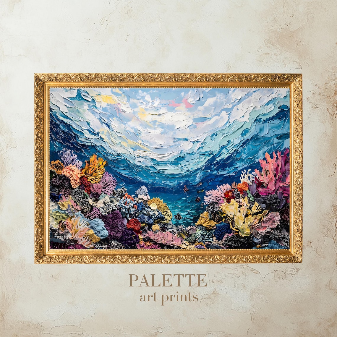 Colorful Coral Reef Underwater Scene In Textured Ocean Art Poster