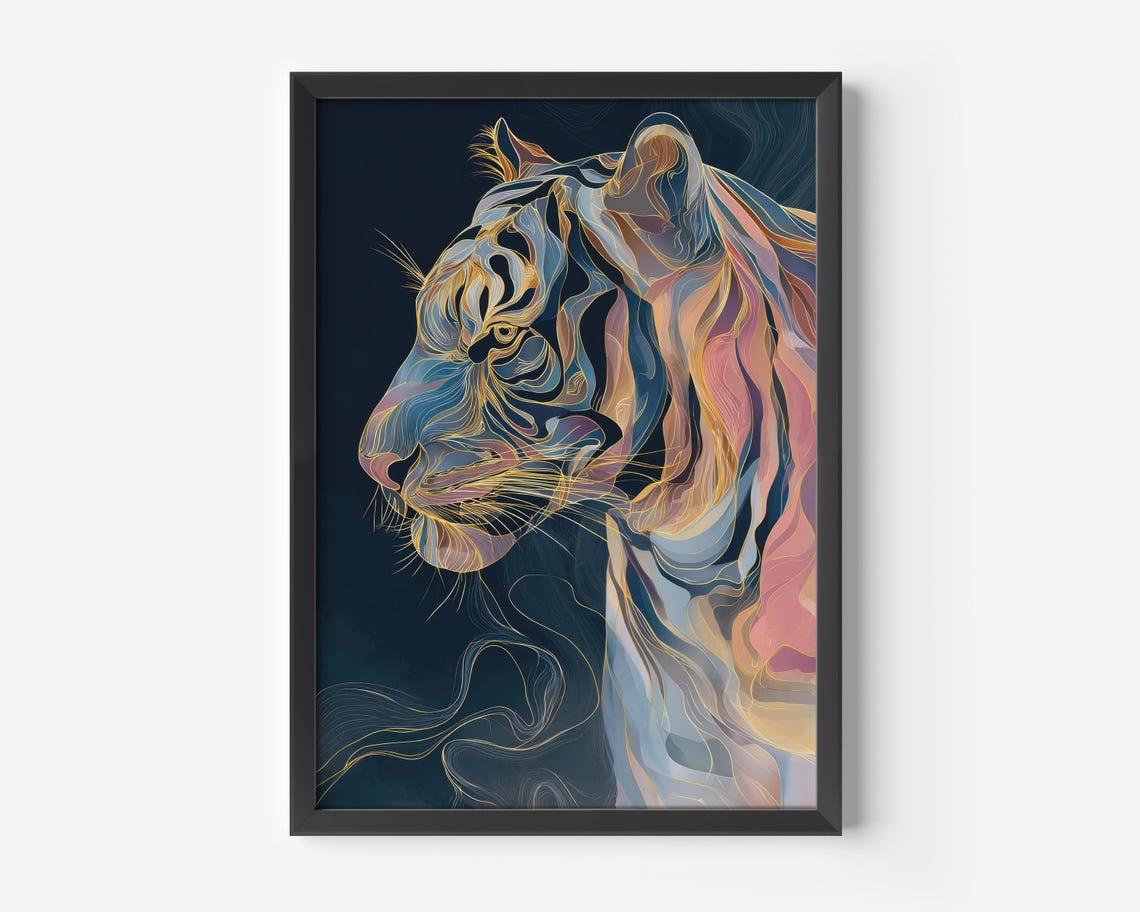 Abstract Line Art Tiger Profile Golden Dark Navy Wild Cat Poster