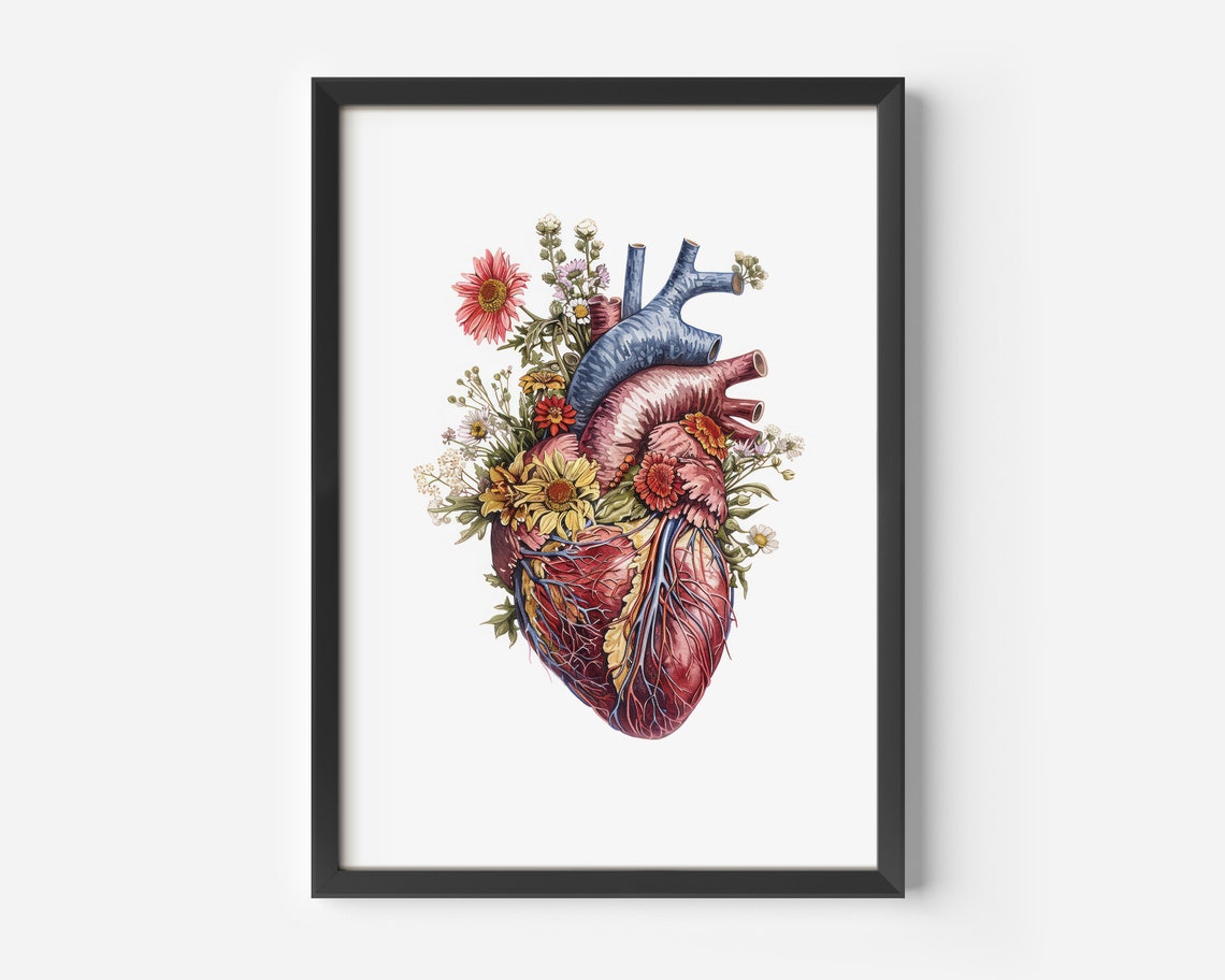 Anatomical Heart Covered With Flowers Vintage Botanical Poster