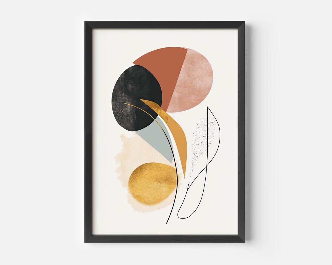 Abstract Terracotta Black Gold Organic Shapes Modern Art Print