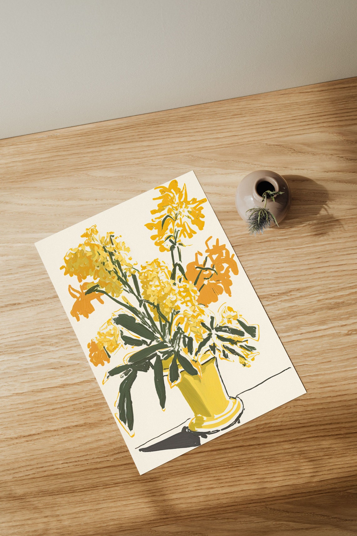 Modern Dining Room Wall Decor Yellow Flowers Illustration Abstract Plant Art Print Vintage Living Accent Retro Boho