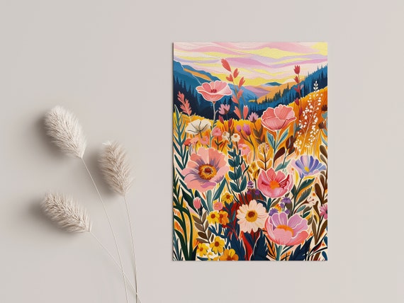 Colorful Flower Meadow Illustration, Floral Art Print