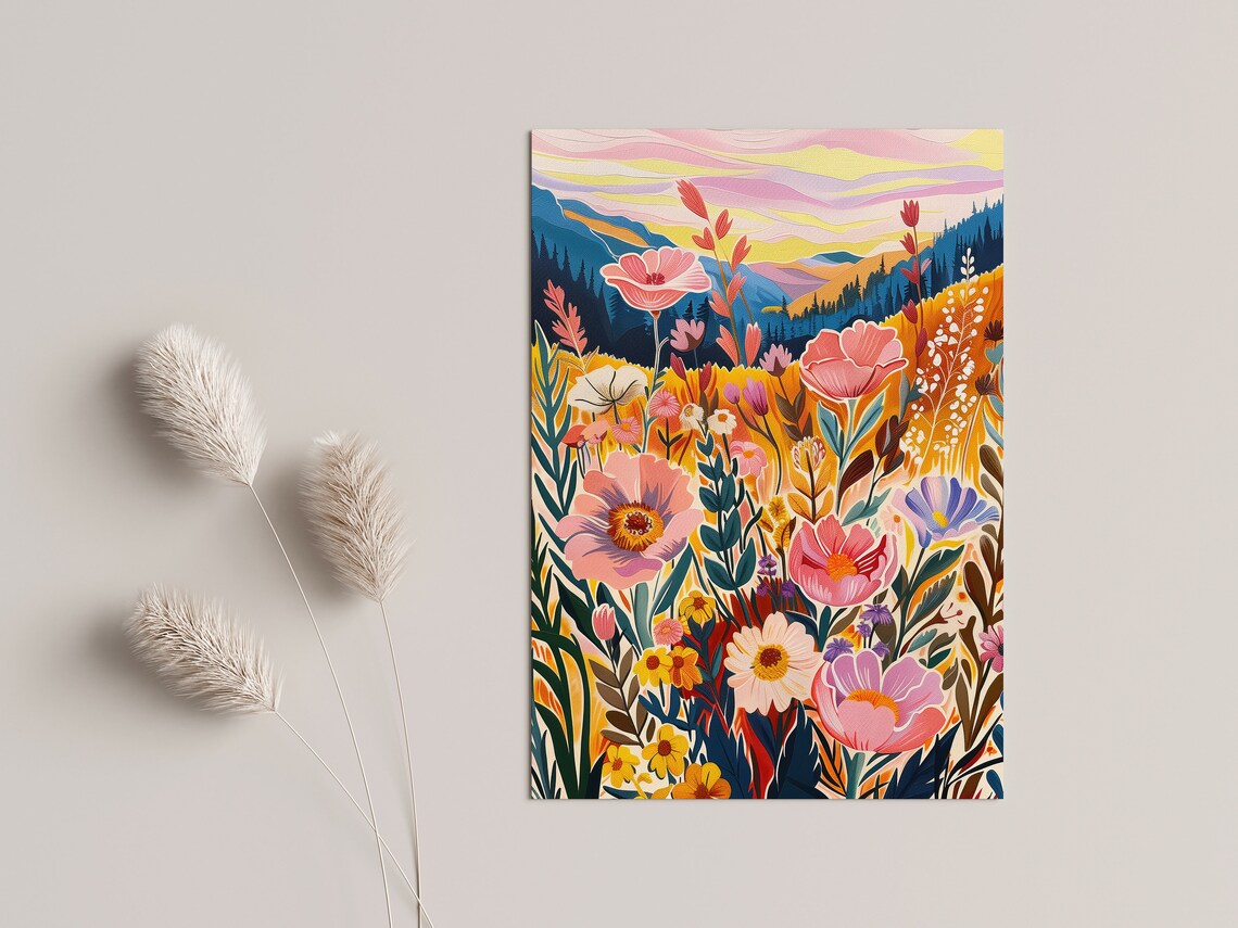 Colorful Flower Meadow Illustration, Floral Art Print