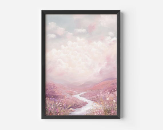 Pink Living Room Mural Pastel Landscape Poster Romantic Nature Illustration River Art Prints Inspiration Bedroom Office Hallway