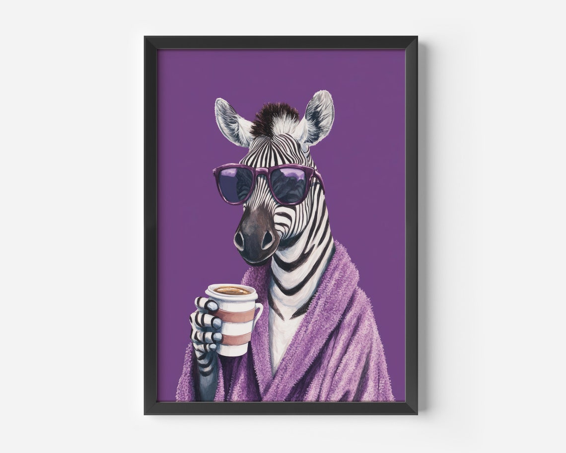 Cool Zebra With Sunglasses Drinking Coffee Purple Art Poster