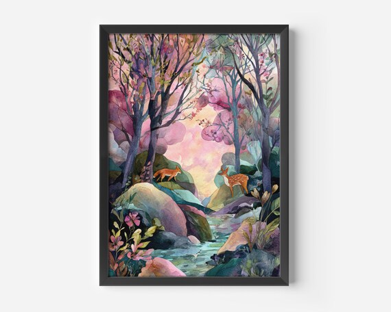 Colorful Living Room Artwork Magical Forest Poster Landscape Watercolor Deer And Fox Scene Nature Decor Scandi Inspiration Wall