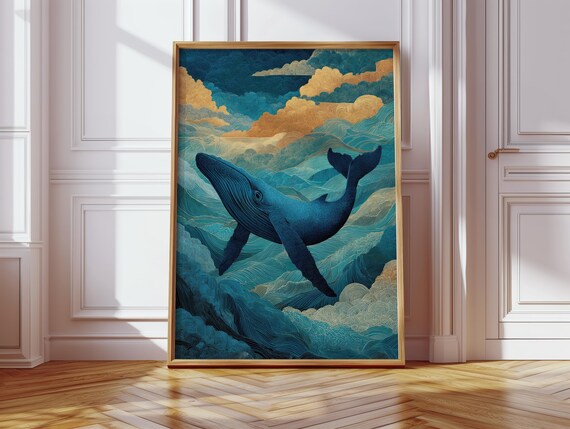 Scandinavian Style Wall Art Boho Ocean Poster Blue Abstract Whale Landscape Picture Living Room And Bedroom Decor Sea Pictures