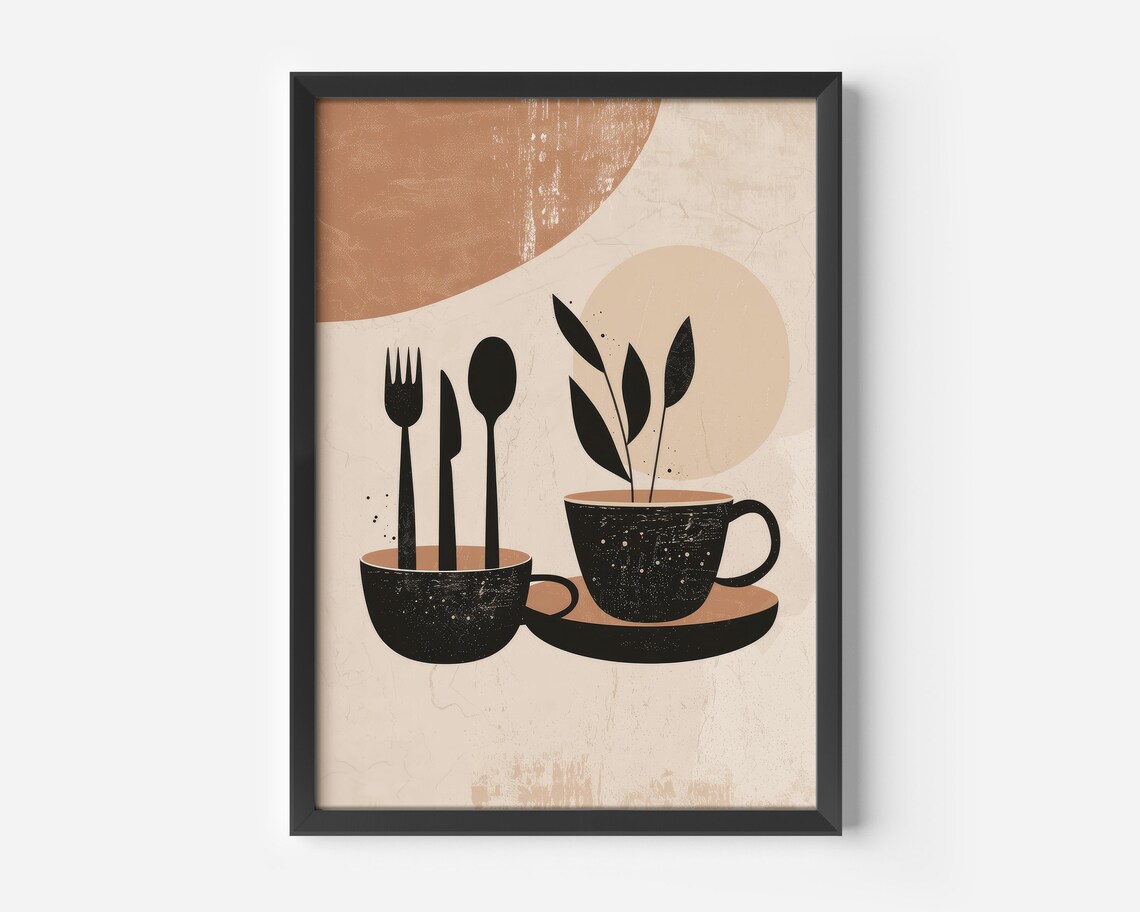 Modern Kitchen Cutlery and Cups Minimalist Art Print