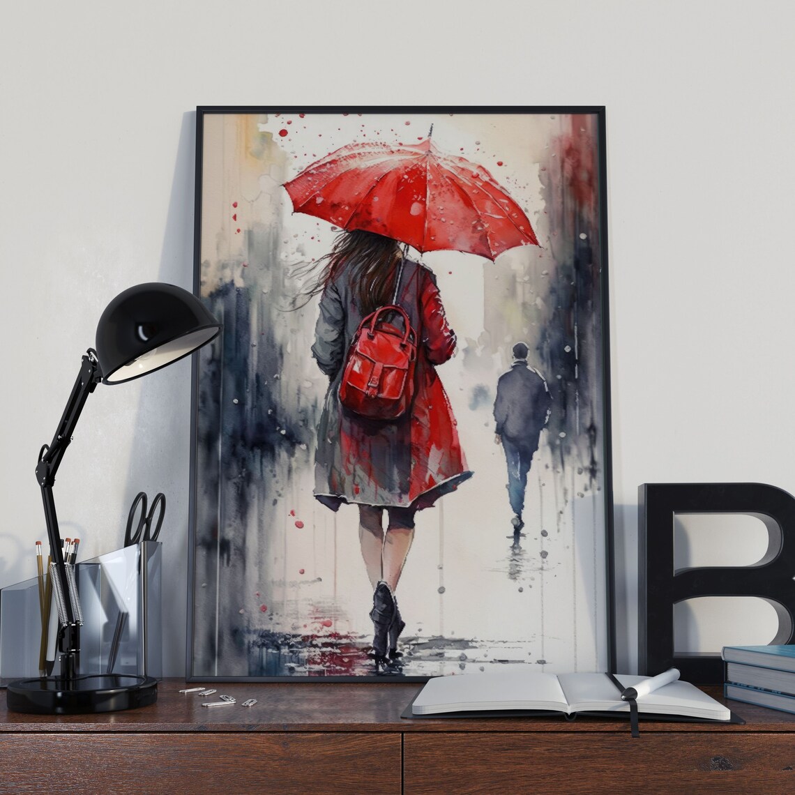 Watercolor Red Umbrella City Illustration Art Print