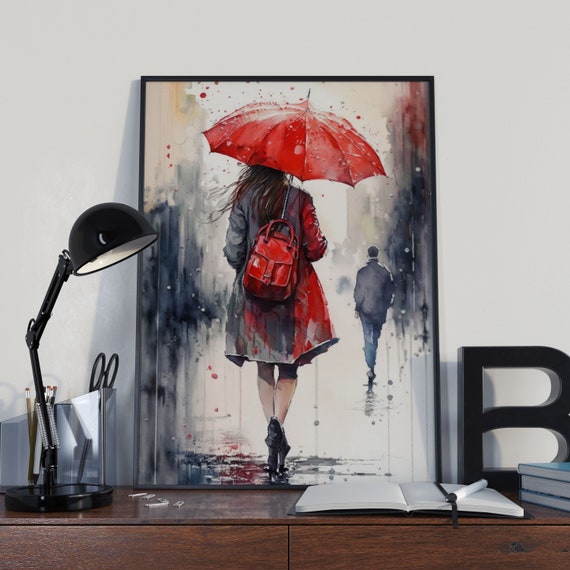 Watercolor Red Umbrella City Illustration Art Print