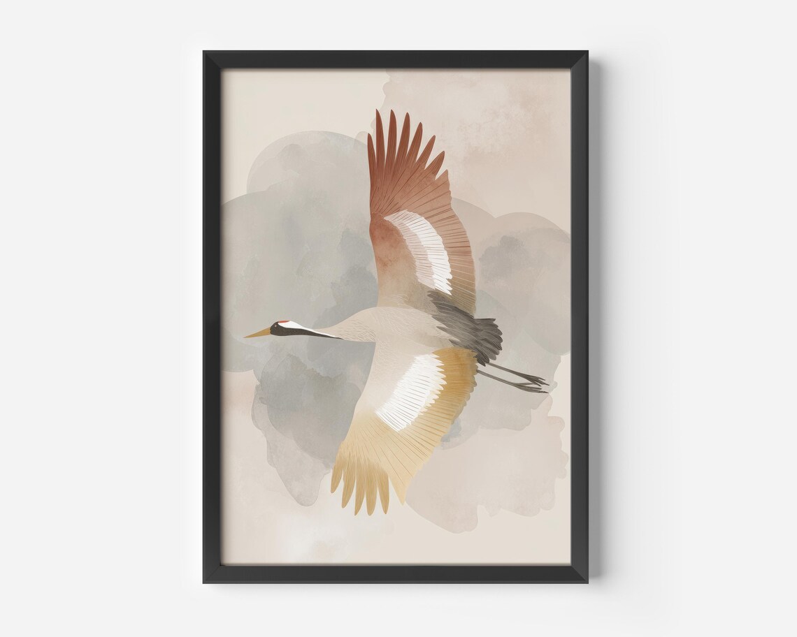Scandinavian Crane Boho Art Print, Abstract Bird
