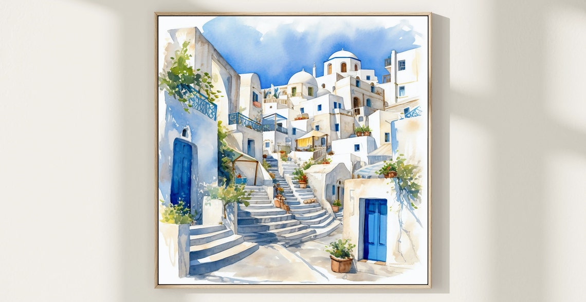 Santorini Greece White Village Steps Blue Doors Watercolor Poster