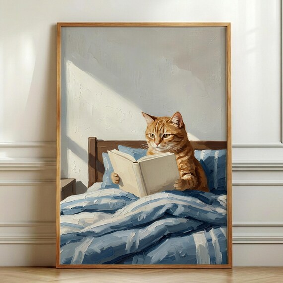 Orange Tabby Cat Reading Print Cozy Impasto Oil Painting Whimsical Bedroom Art Digital Download