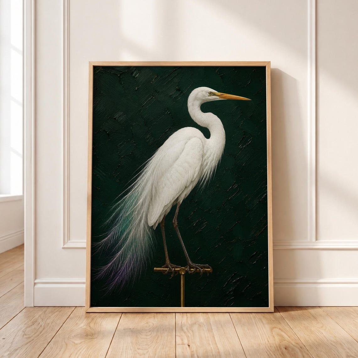 Great White Egret Standing Portrait Moody Dark Green Wall Art