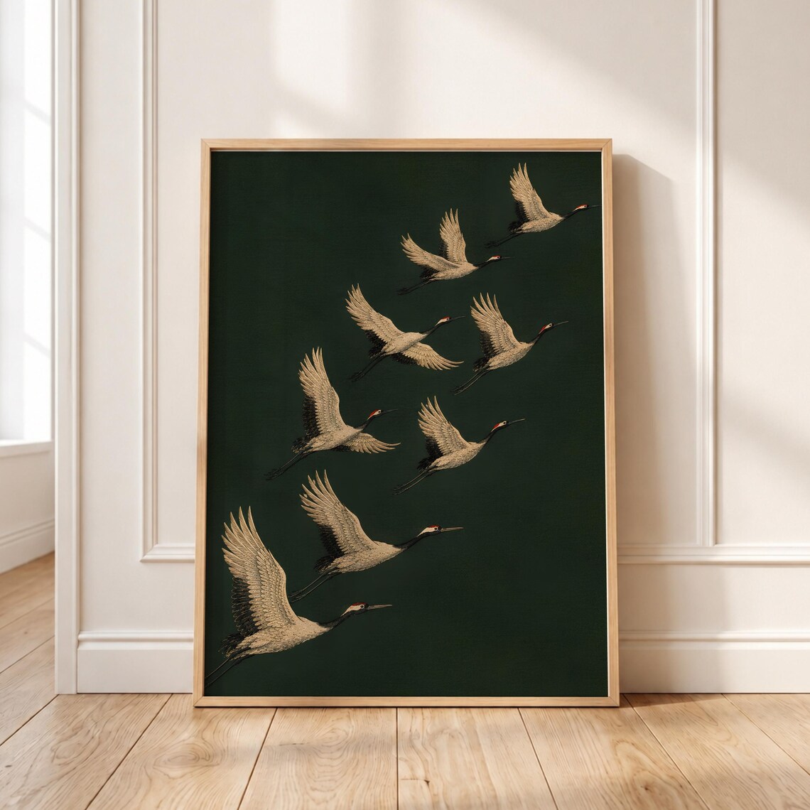 Flying Cranes Vintage Japanese Style Nine Birds Dark Forest Wall Poster