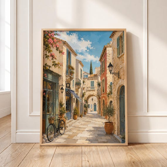 Mediterranean Alley Painting Rustic Village Scene European Street Art