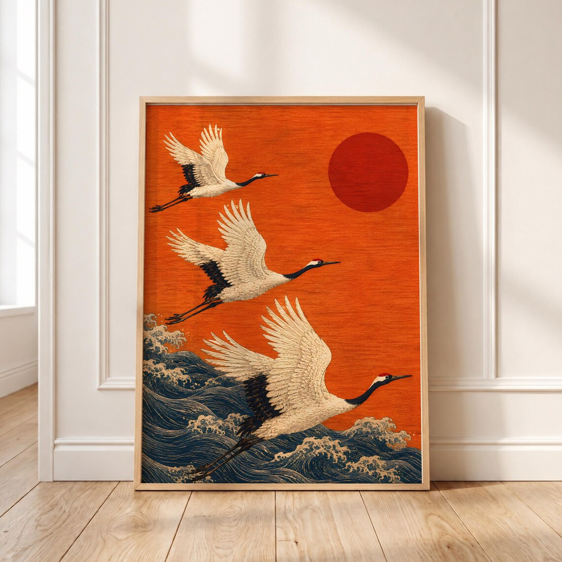 Japanese Cranes Flying Sunset Red Sun Ocean Wave Woodblock Style Art Poster