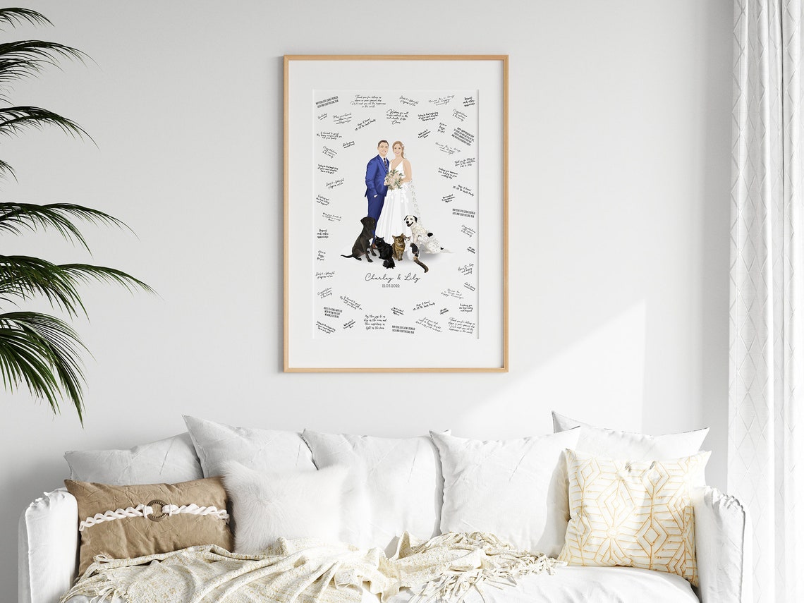 Wedding Guest Book Couple With Five Pets Portrait Art Poster - Image 4