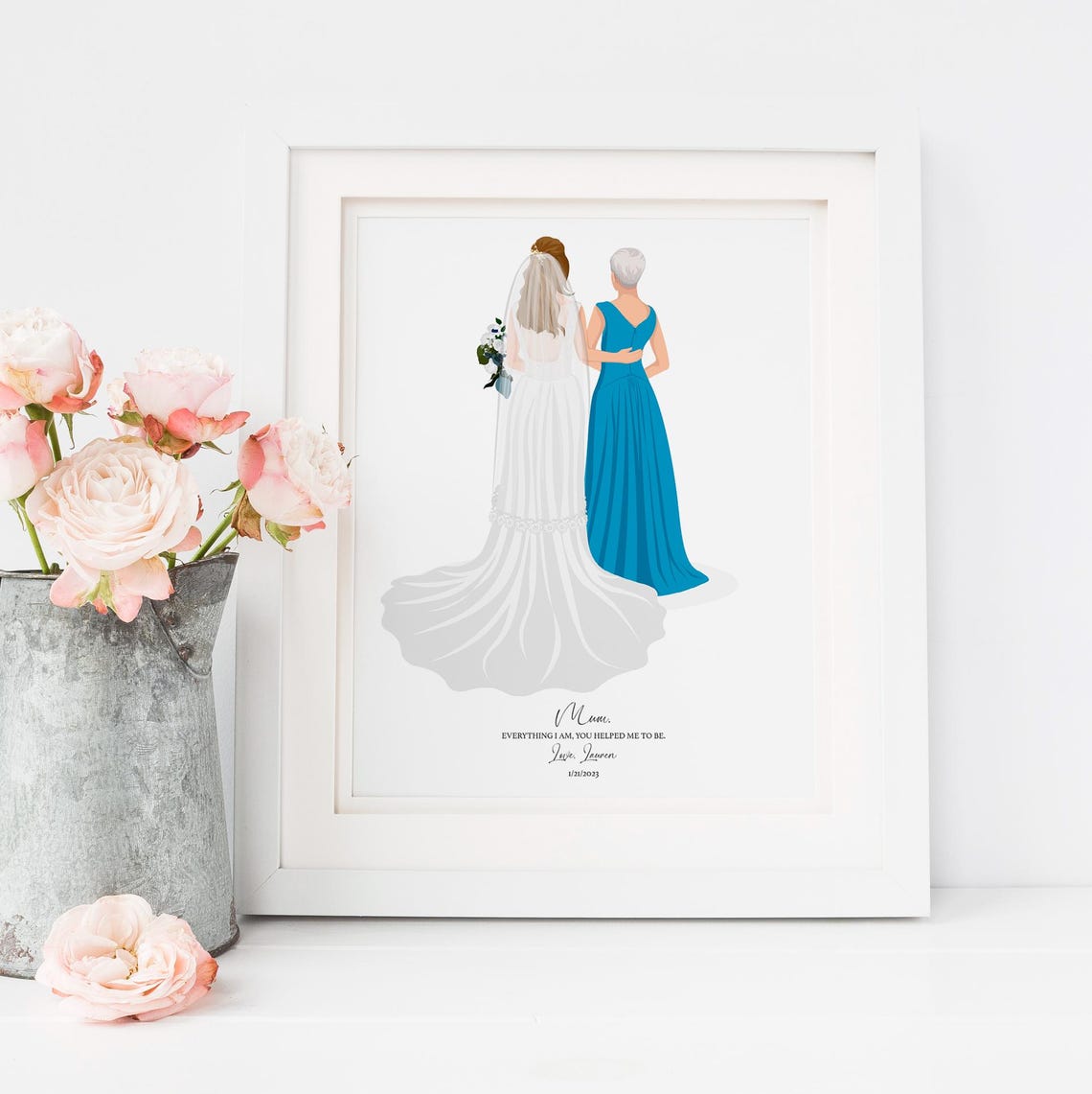 Bride With Mom in Gray Gown Back View Wedding Tribute Poster - Image 6