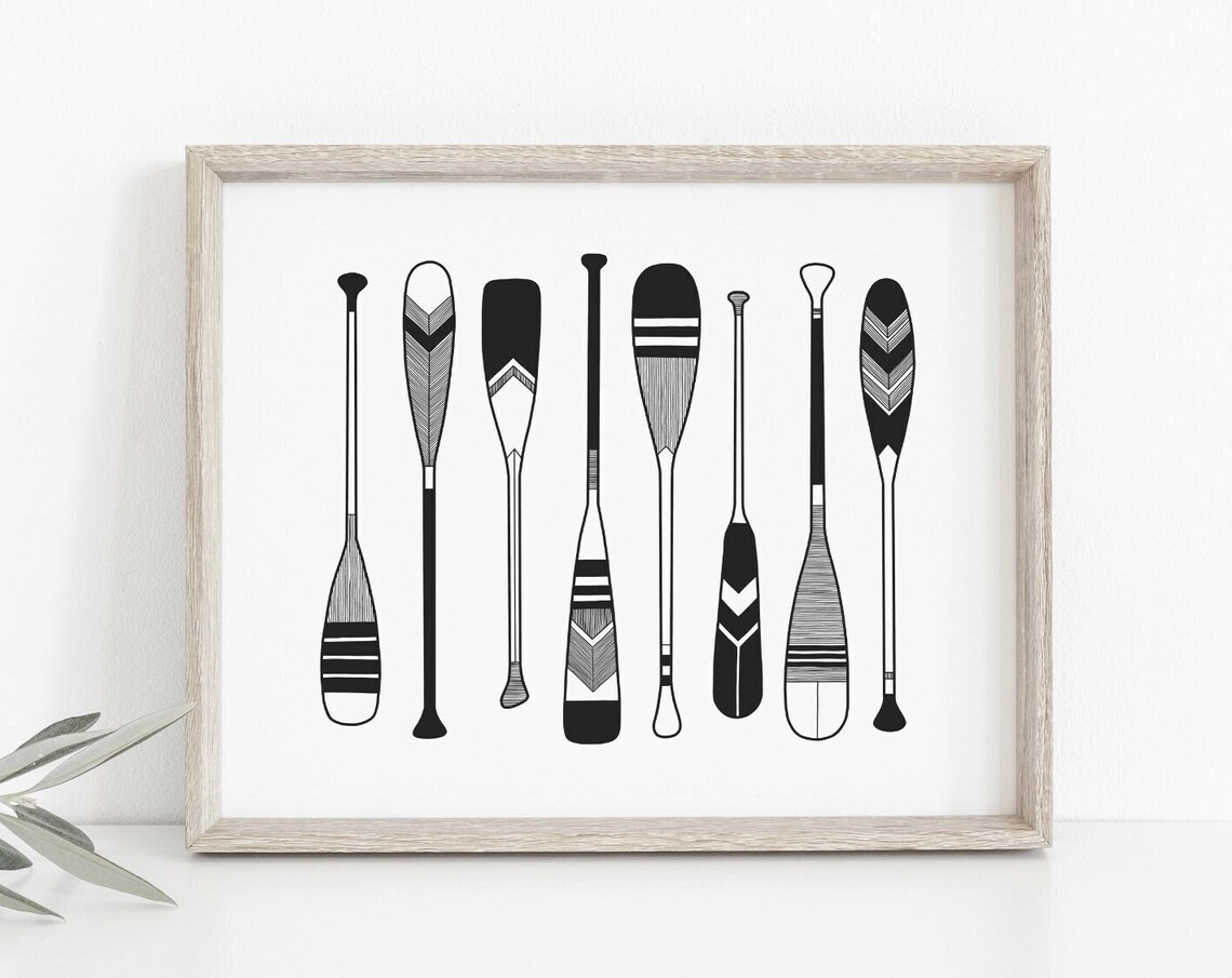 Paddle Print, Black And White Minimalist Lake Art