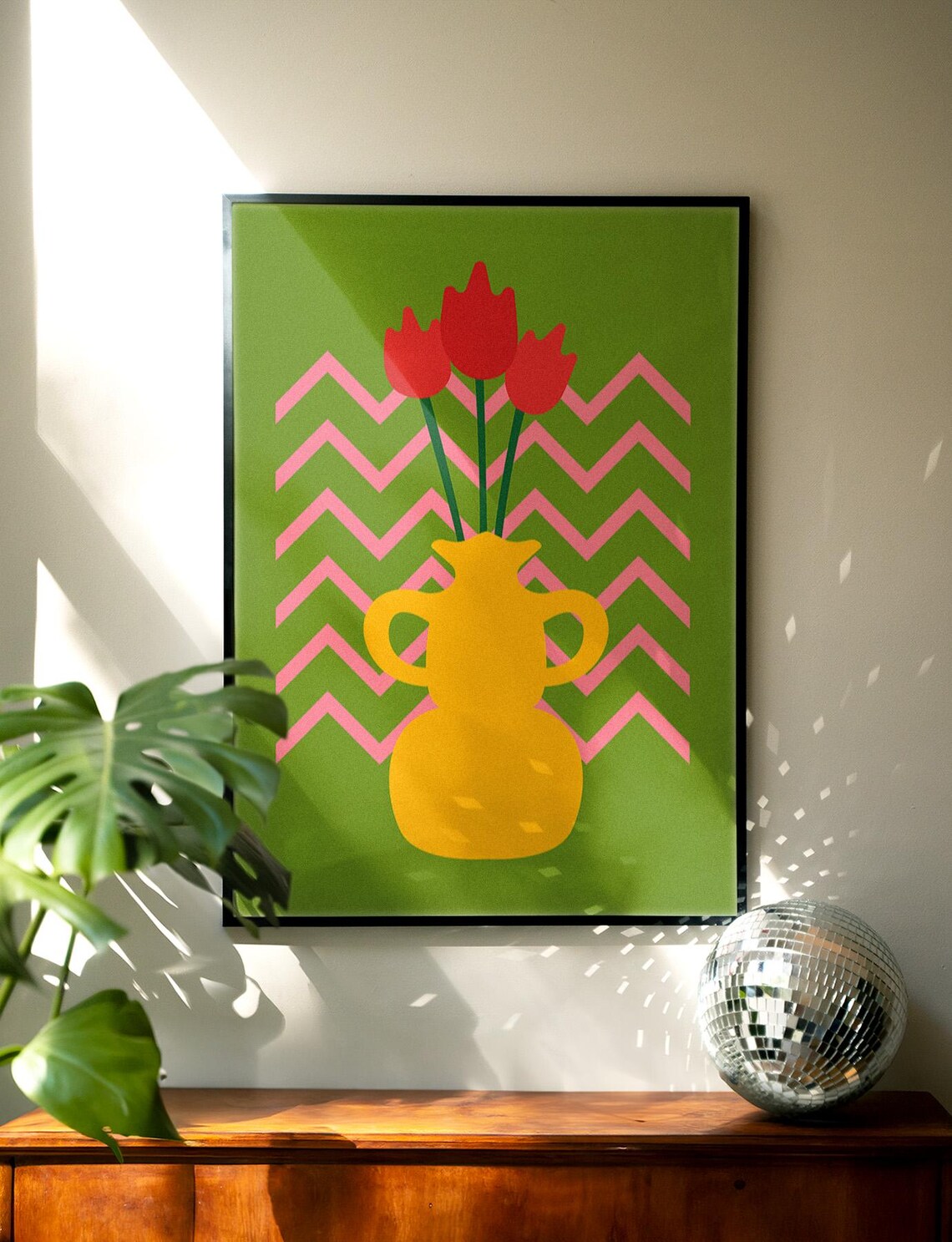 Red Tulips Yellow Vase Green Pink Chevron Bold Floral Art Poster - Image 2