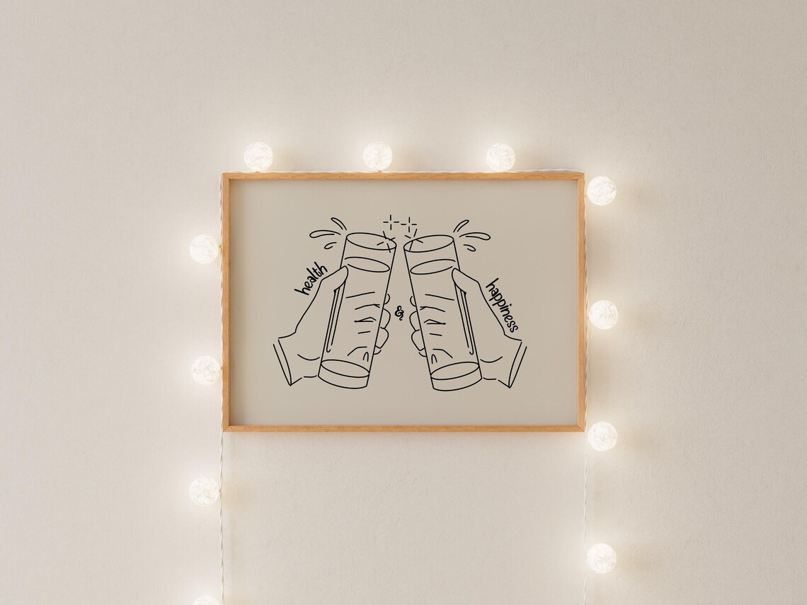Health and Happiness Cheers Clinking Glasses Line Drawing Poster - Image 3