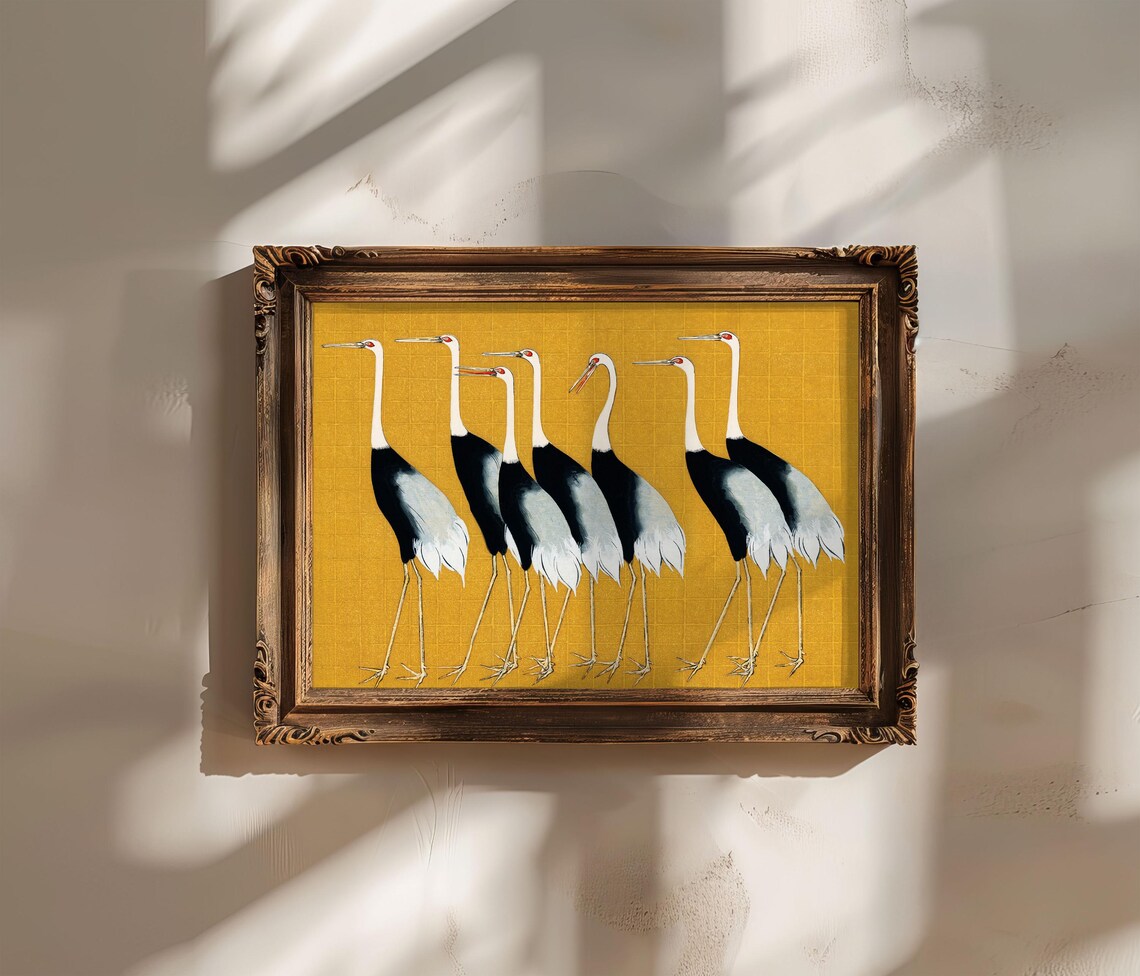 Seven Red Crowned Cranes Japanese Gold Leaf Vintage Style Art Print - Image 4