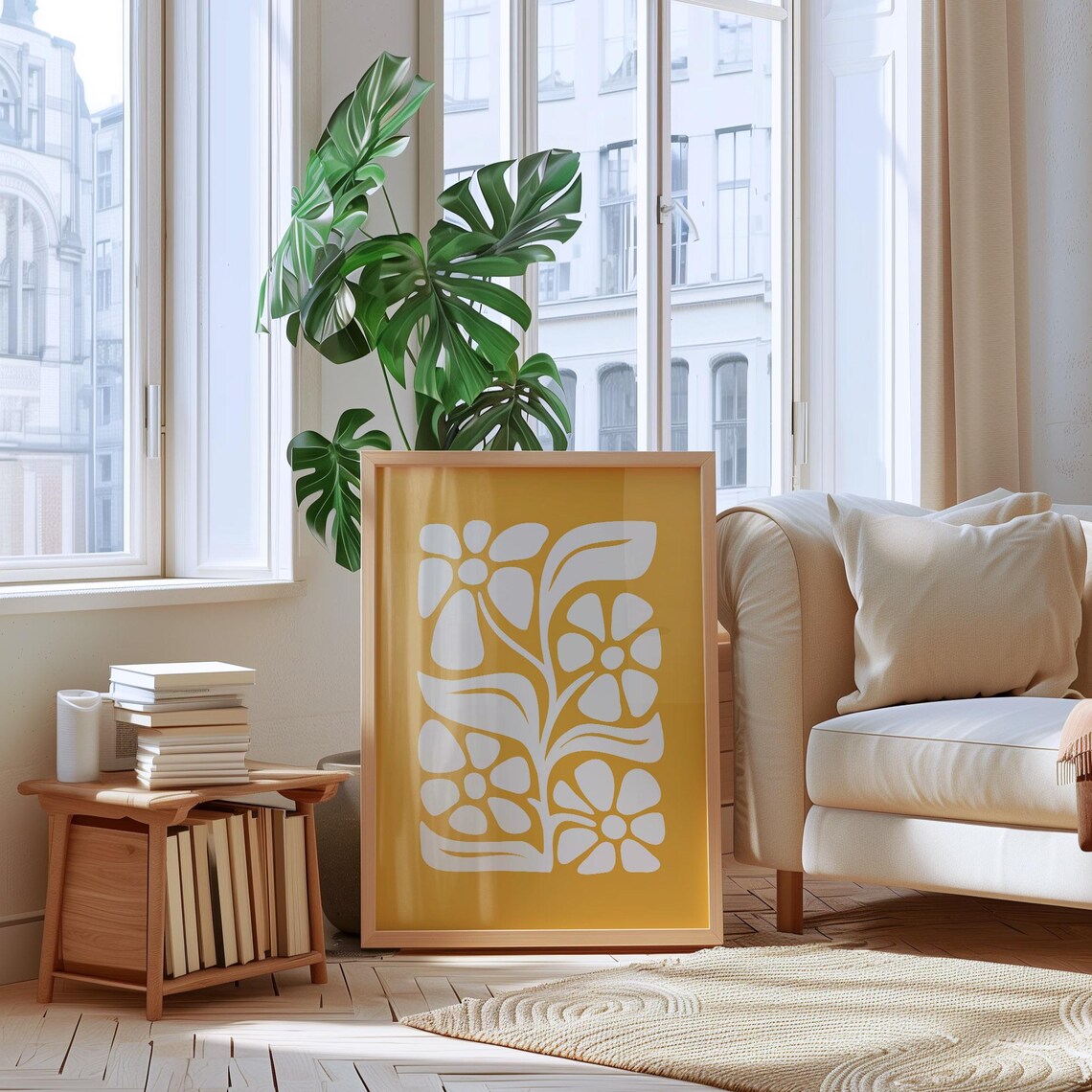 Mustard Yellow Retro Floral Botanical Graphic Line Art Poster - Image 2