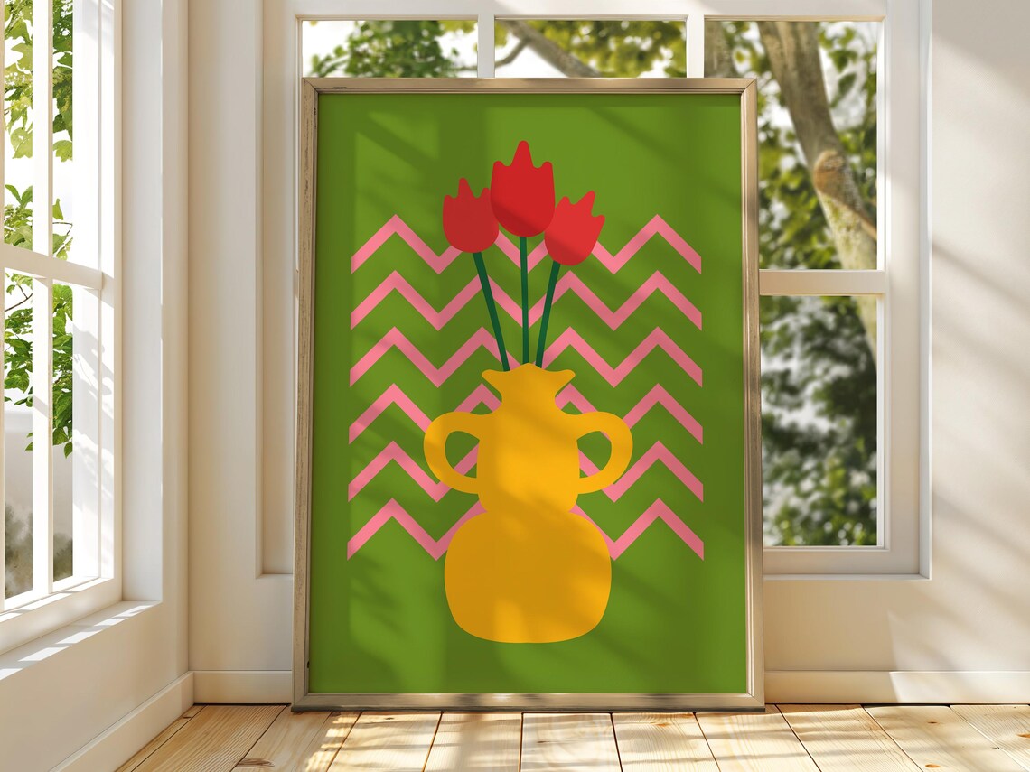 Red Tulips Yellow Vase Green Pink Chevron Bold Floral Art Poster - Image 3