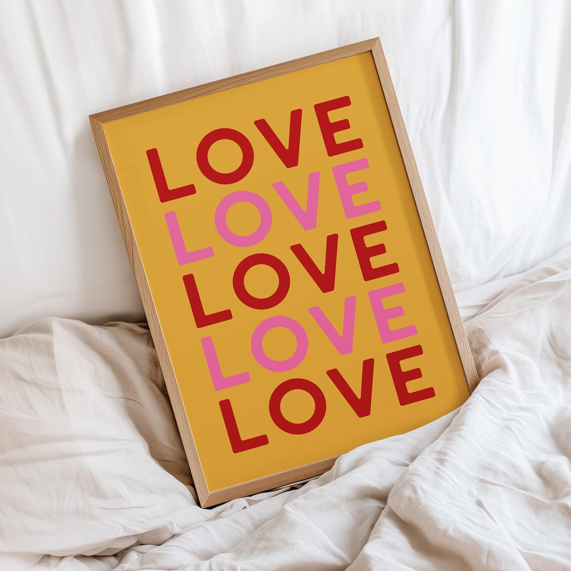 Love Repeated Bold Typography Yellow Red Pink Valentines Poster - Image 2