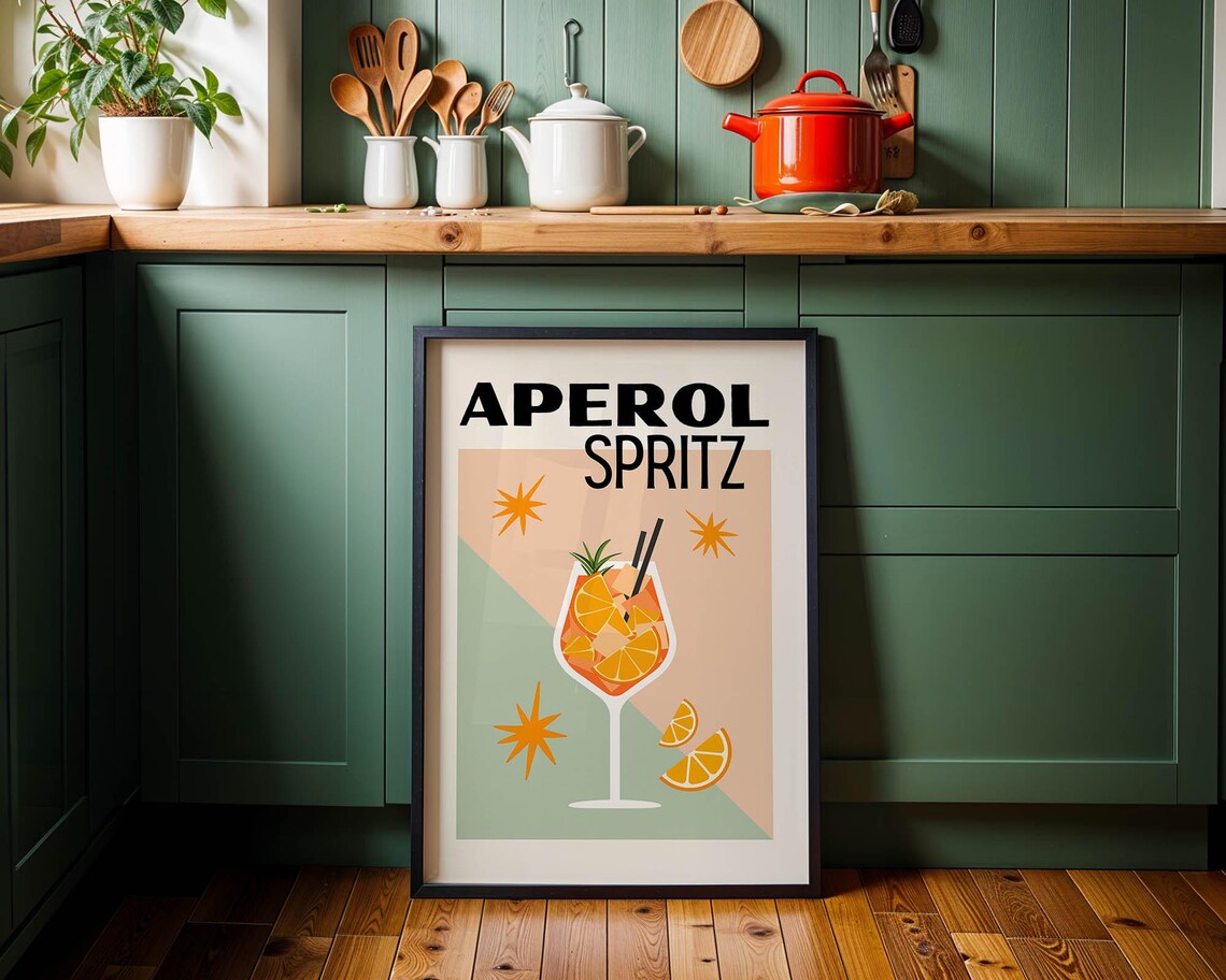 Aperol Spritz Retro Cocktail Glass Mid Century Bar Cart Wall Art - Image 3