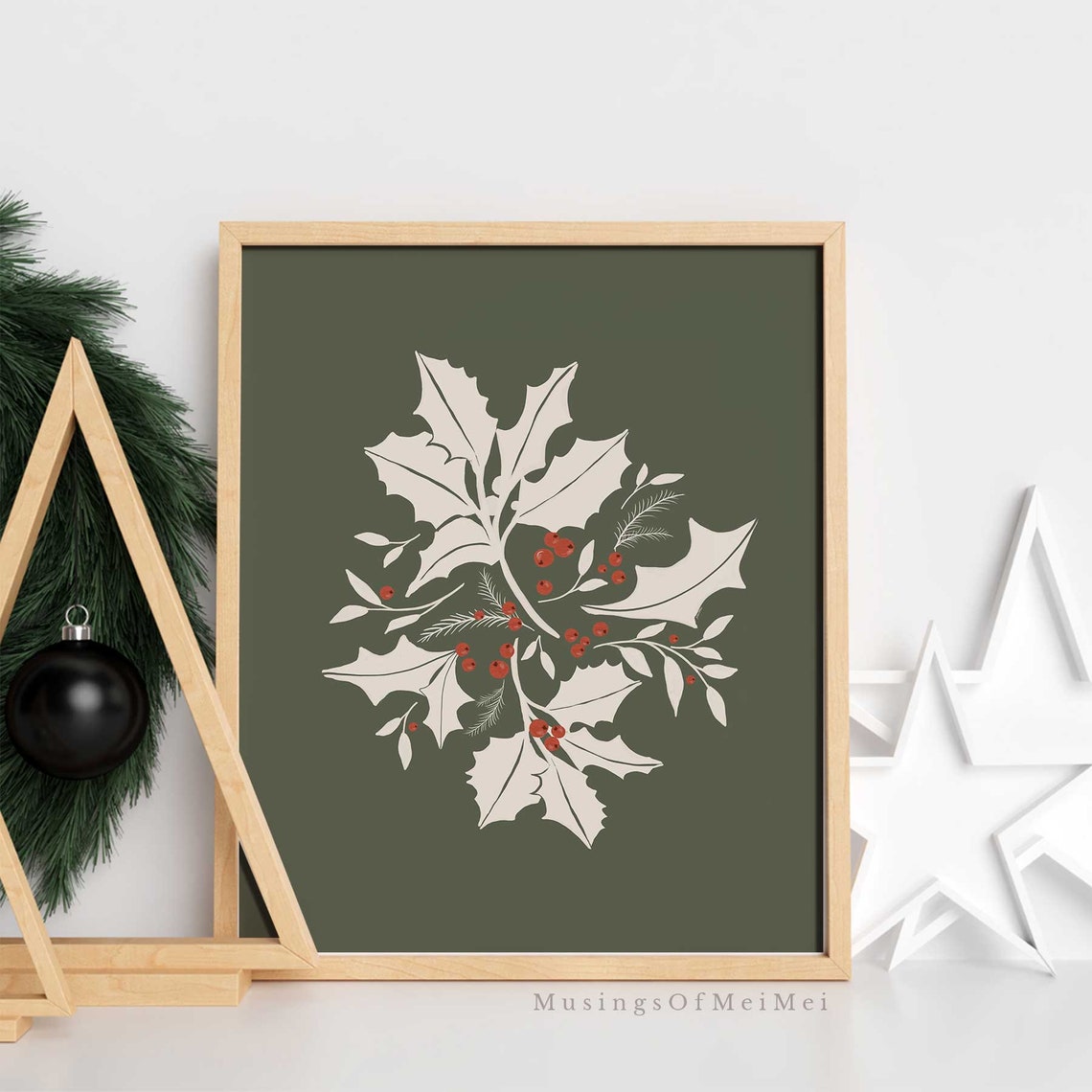 Holly Leaves and Red Berries on Dark Olive Green Holiday Poster - Image 4