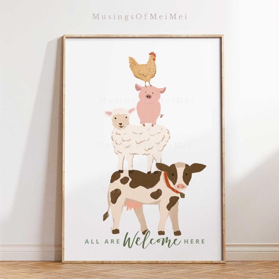 Farm Animals Nursery Print Fun Inclusive Playroom Decor Cute Stacked Cow Pig Sheep Chicken Art For Kids Room Classroom