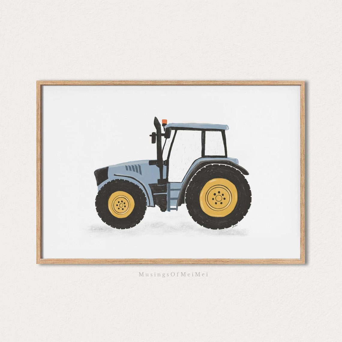 Blue Farm Tractor Kids Room Nursery Vehicle Illustration Wall Art