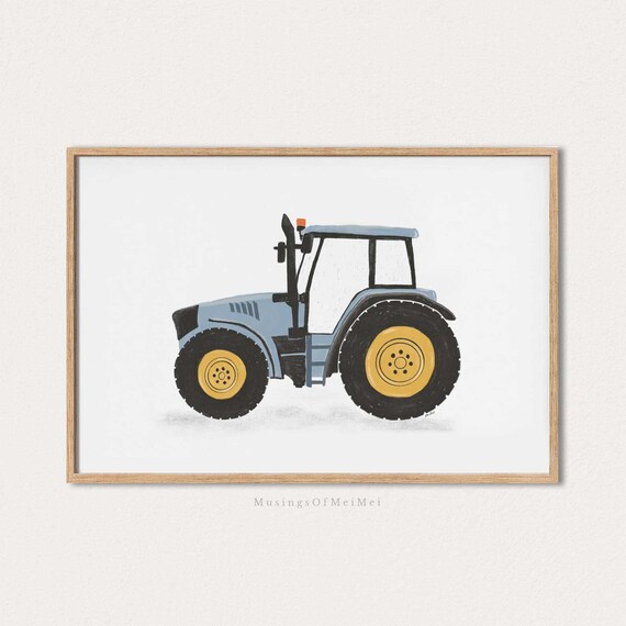 Blue Farm Tractor Kids Room Nursery Vehicle Illustration Wall Art