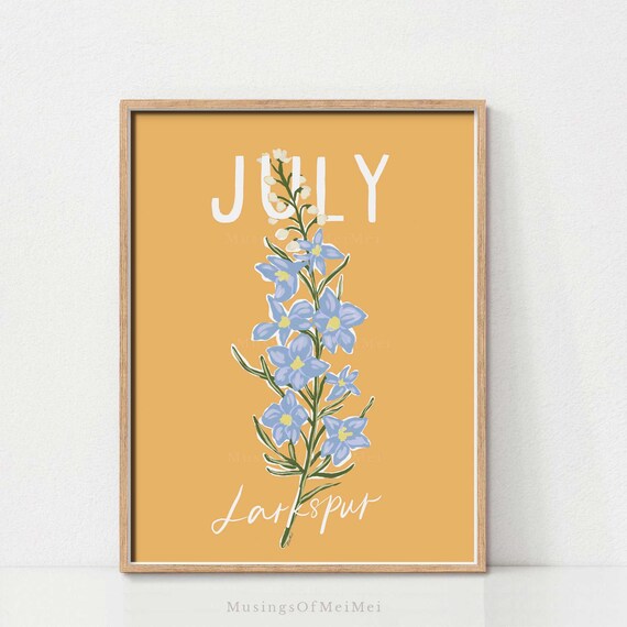 July Birth Month Flower Larkspur Botanical Wall Art Illustration