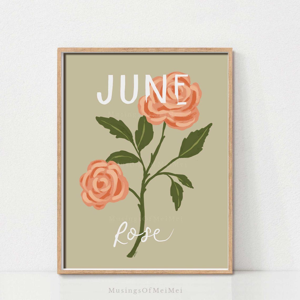 June Birth Flower Rose Botanical Illustration Wall Art For Gift