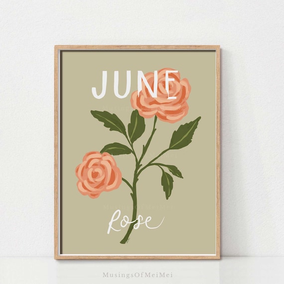 June Birth Flower Wall Art Rose Illustration Botanical Floral Print Birthday Gift Nursery Decor Month