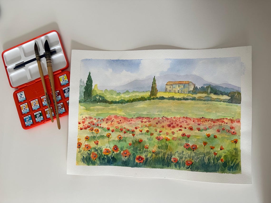 Poppies Field Original Watercolor Painting Floral Wall Art Poppy Meadow Landscape Flowery Countryside Art Impressionist Art 10x14 In - Image 5