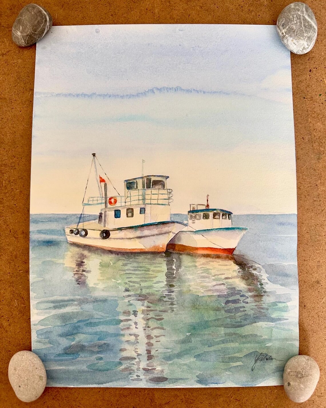 Two White Fishing Boats Moored on a Calm Sea Watercolor Poster - Image 7