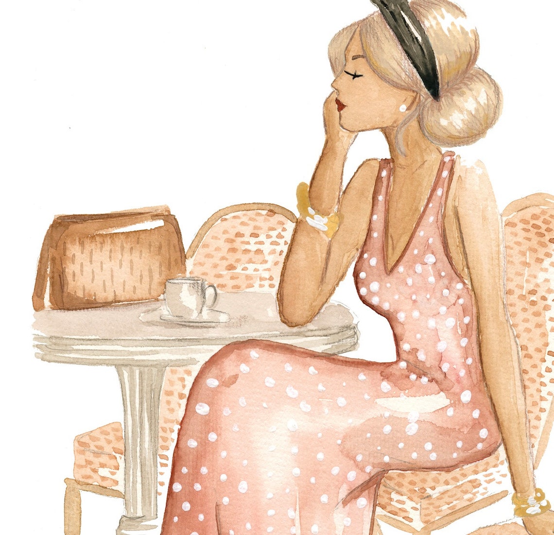 Fashion Illustration Art Print Cafe Woman Paris Watercolor Painting Wall Decor Blonde Girl Cafe Fashion Art Watercolor