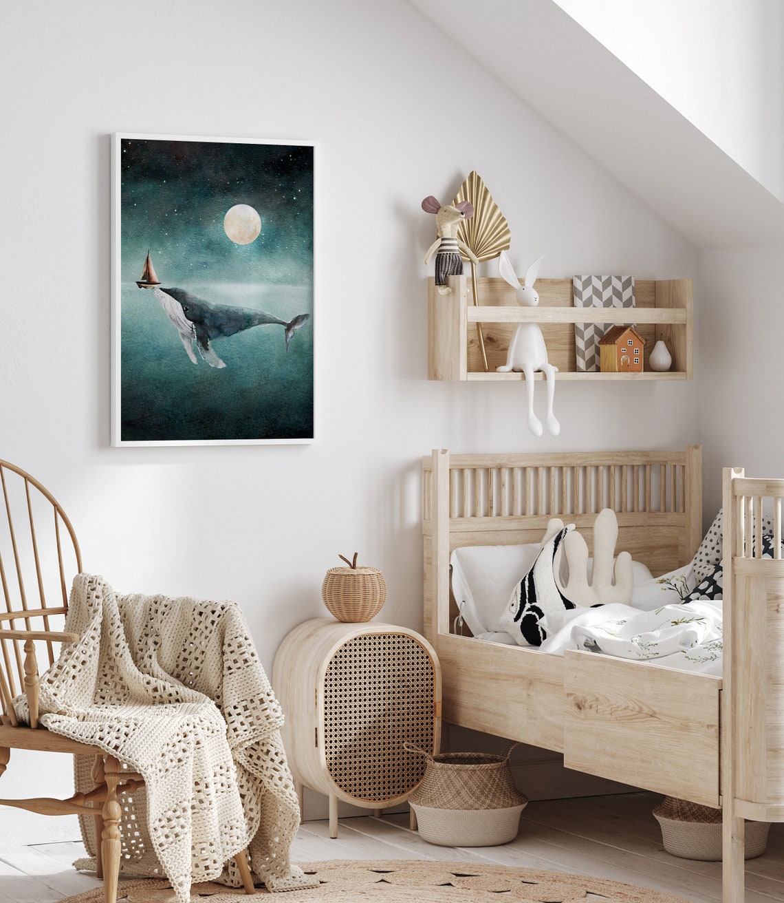 Humpback Whale And Sailboat Moonlit Ocean Watercolor Whimsical Poster - Image 3