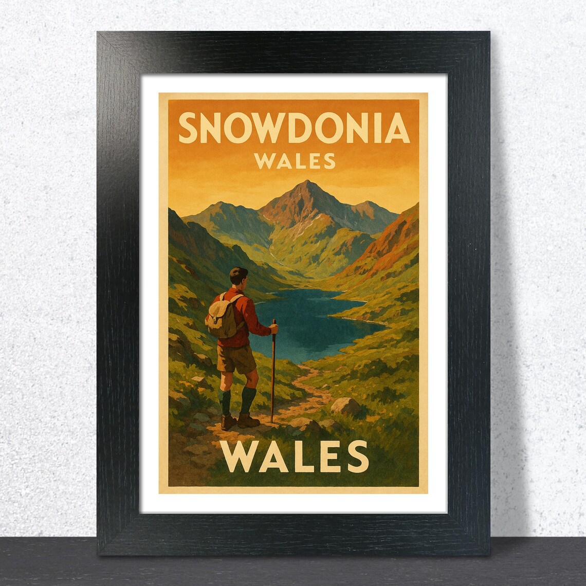 Snowdonia Wales Vintage Hiker Mountain Lake Retro Travel Poster
