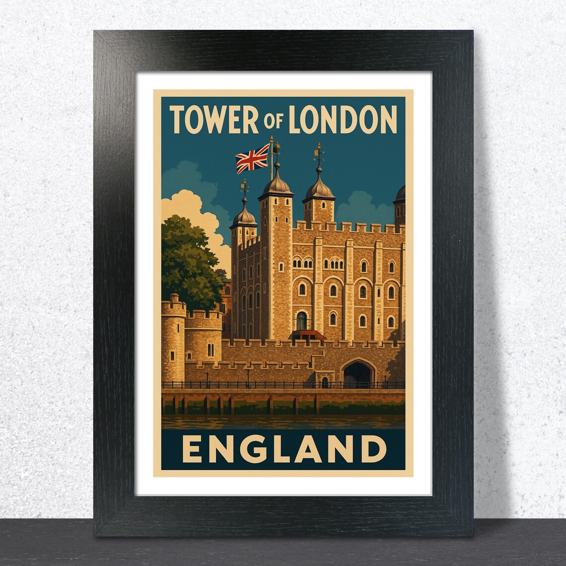 Tower of London England Vintage Poster with Union Jack and Thames