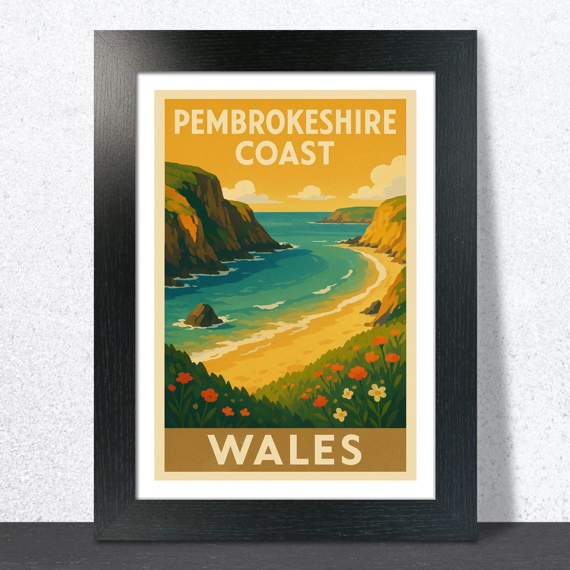 Pembrokeshire Coast Wales Vintage Beach Cliffs Sunset Travel Poster
