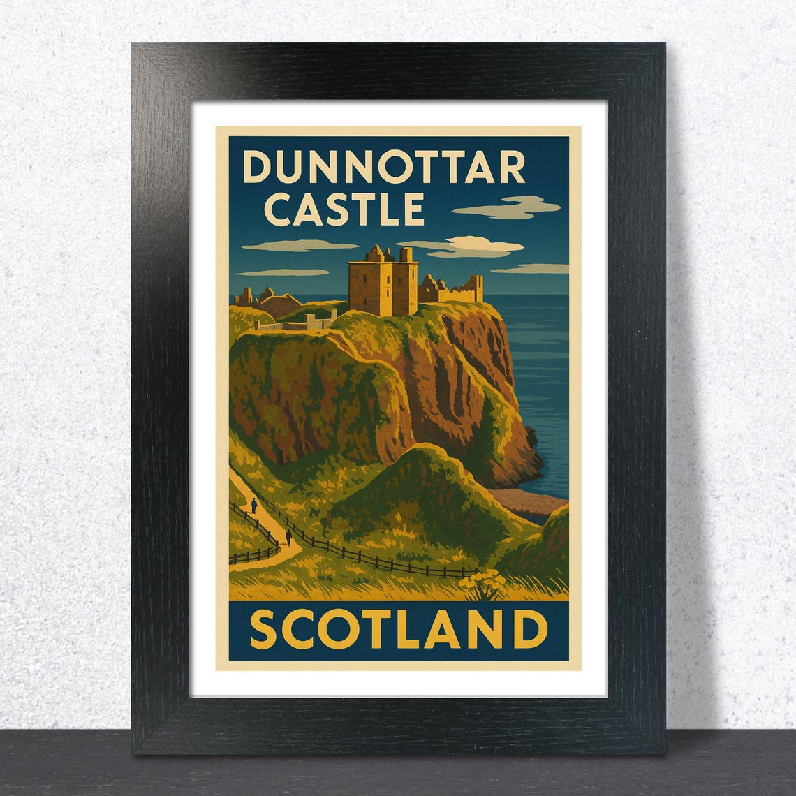 Dunnottar Castle Scotland Retro Travel Print Midnight Blue Cliff View